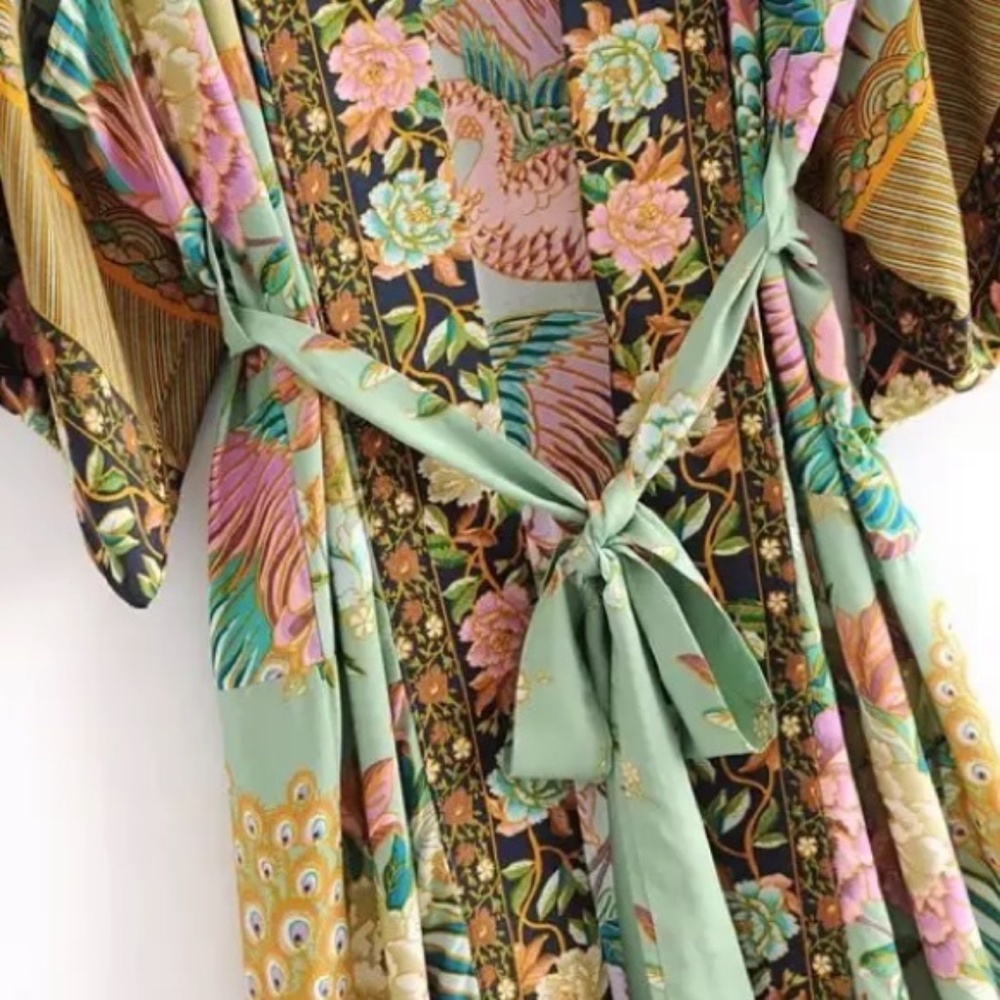 SOLD OUT Boho Peacock Feather & Floral Kimono Duster Robe - Picture 7 of 9
